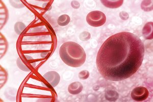 A red DNA floats vertically in front of a sea of close-up blood cells.
