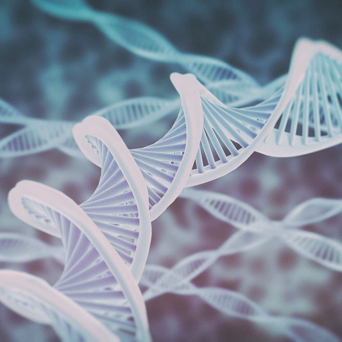Close-up of a white and blue DNA spiral floating in space.