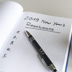 A notepad with a list of new year's resolutions for 2019 written with blank spaces.