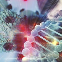 Close up of colourful cancer cell and DNA.