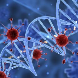 Computer generated image of close-up of blue DNA strand with red cells surrounding it.